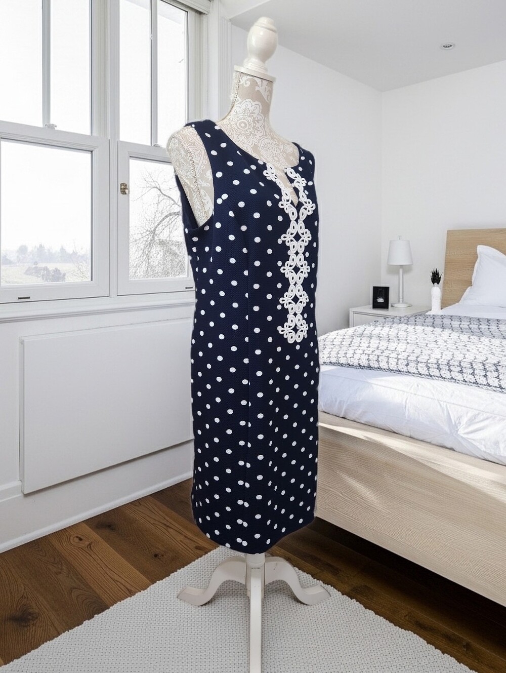 J Howard Sleeveless Navy Blue & White Polka Dot Shift Dress Size 18